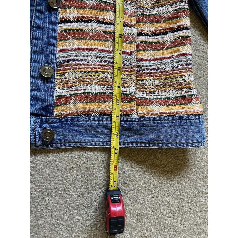 Chicos Woven Striped Mixed Media Denim Jacket Multi Color Trucker Blue Womens M - Picture 3 of 9
